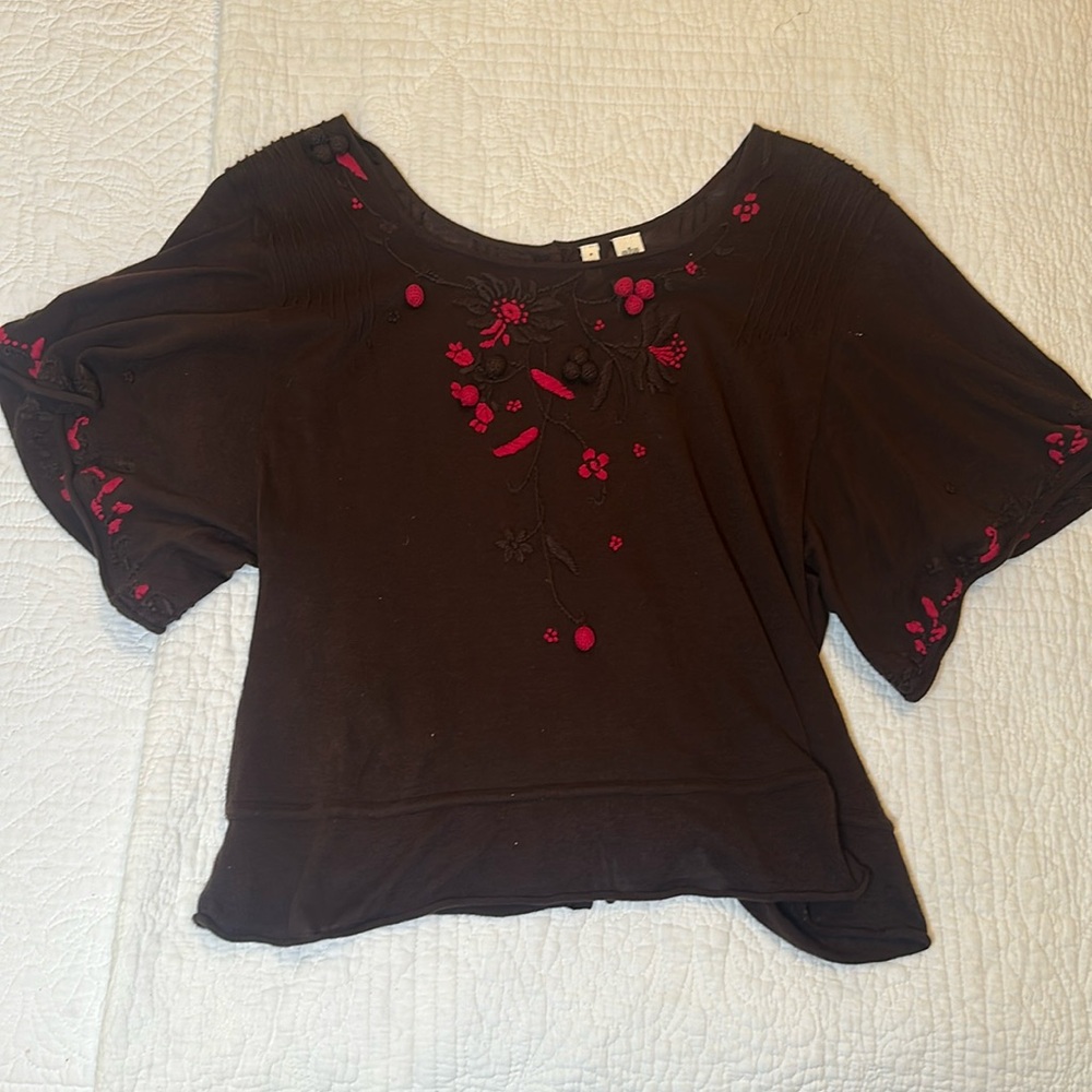 Anthropologie MOTH Embroidered Cotton Sweater Pink and Brown Berries - Medium